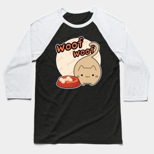 Woof Woof Cat Barking Bone in the Bowl Contradiction Cartoon Baseball T-Shirt